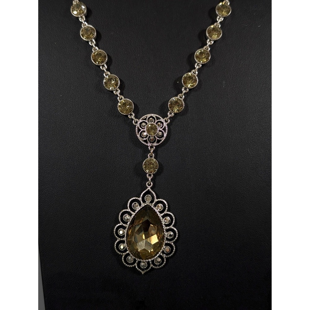 Roman Smokey Gray Pendant Necklace Silver Tone Long Rhinestone Boho 32 in